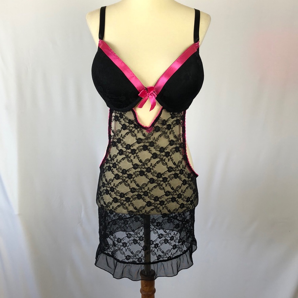 Sexy Black Lace Backless “French Maid” Teddy w/Pink Trim - Size 2X